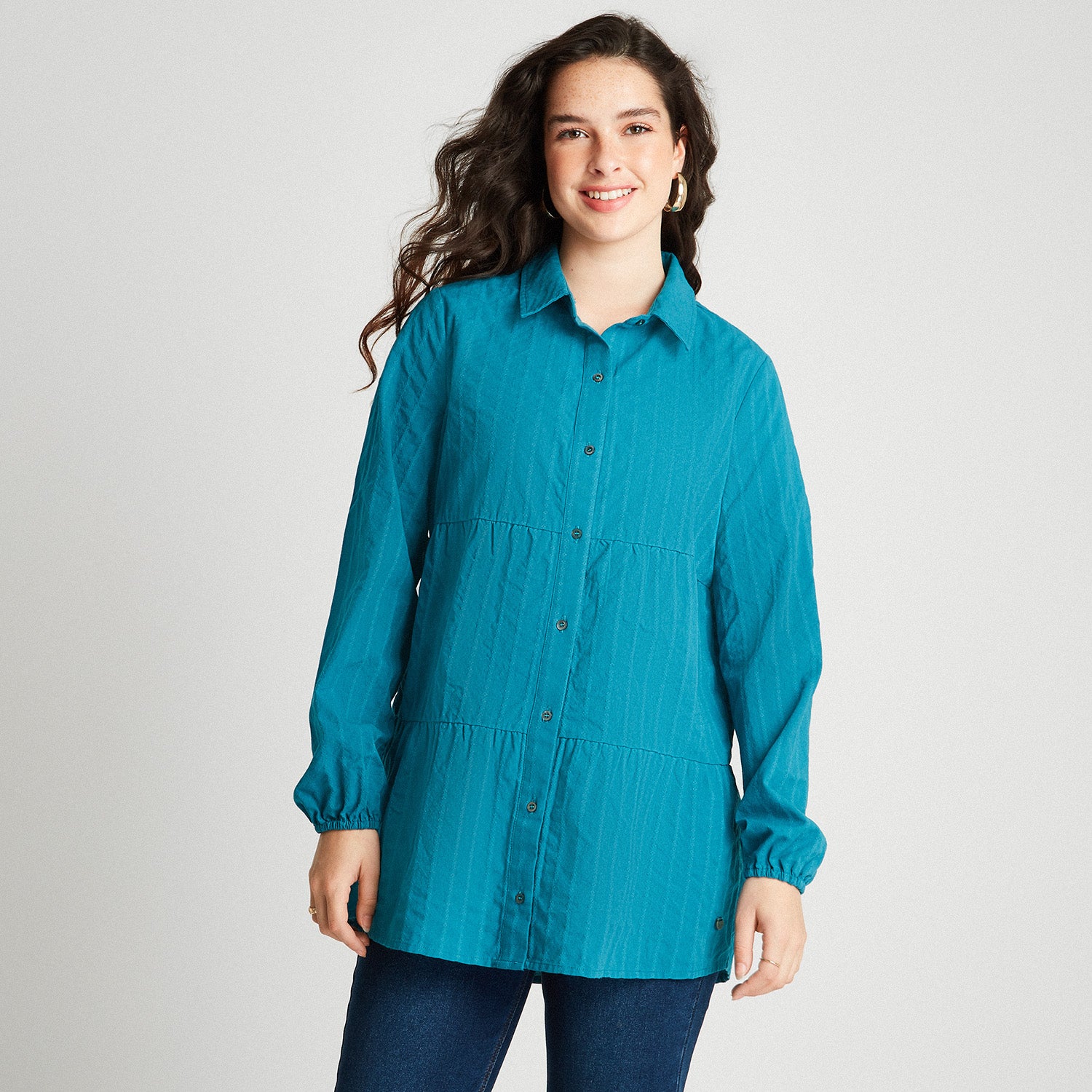 Blusa Manga Larga Tela De Fantasía Azul Petróleo